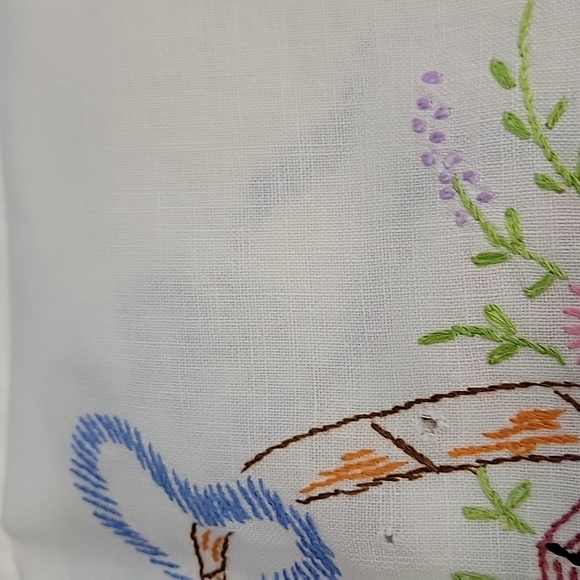 Vintage Embroidered Floral Basket & Blue Trim 15" x 42" Table Runner - Picture 7 of 7